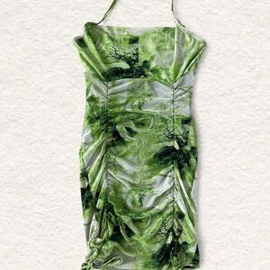 PrettyLittleThing Green White Ruched Mesh Halterneck Dress Size 2